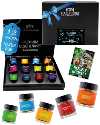 Hallingers Genuss Manufaktur Gewürz Vatertagsgeschenk-Set - 12 Gewürze aus aller Welt in wertiger Geschenkbox mit Rezept-Booklet Danke Papa, Geschenkidee für Papa Opa