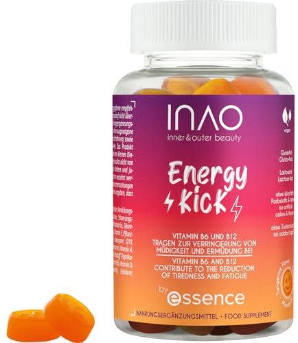 essence INAO Inner and Outer beauty Energy Kick | Nahrungsergänzungsmittel | Vitamin B6, B12, C und Biotin | Vegane Gummibärchen | 60 Stück