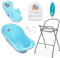 Babybadewanne mit Gestell, Bade Sitz, Kapuzenhandtuch, Thermometer und Abfluss – 6-teiliges Baby Wannen Set aus BPA freiem Plastik – Set für Neugeborene