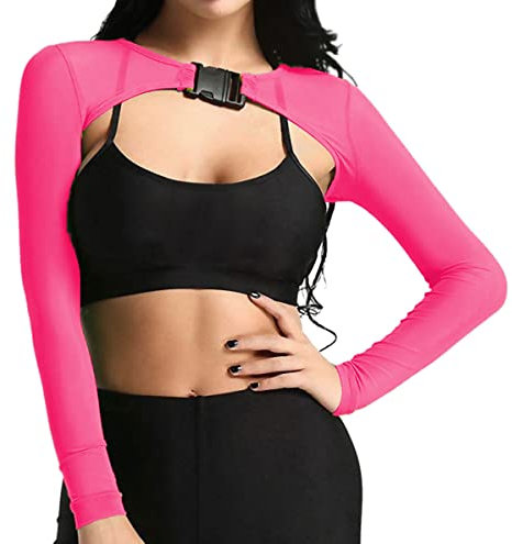 Ypser See Through Mesh Crop Top Sheer Open Front Shrug Fishnet Arm Sleeves Shirts with Release Plastic Buckles Pink