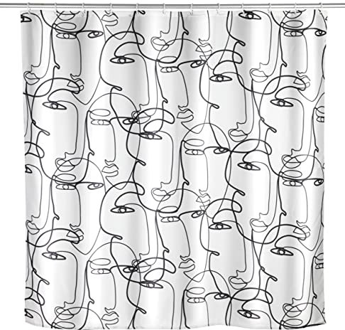 WENKO Rideau de Douche Anti-moisissure Faces, Rideau Textile antibactérien pour la Douche et la Baignoire, Lavable & Hydrofuge, avec 12 Anneaux à Fixer sur Une Barre de Douche, 180 x 200 cm