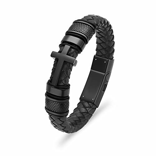 Minicremation-Kreuz-Urnen-Armband für Asche, echtes Leder, Gedenk-Asche-Schmuck, Urnen-Armreif, Medaillon, Andenken-Armband für Männer (schwarz, 24 cm)