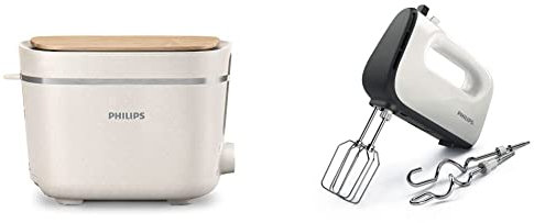 Philips Toaster Eco Conscious Edition - 2 Toastschlitze, 8 Stufen, Brötchenaufsatz, Auftaufunktion, aus Altspeiseöl, seidenweiß-matt (HD2640/10) & Philips HR3741/00 Handmixer (450 Watt) weiß/schwarz