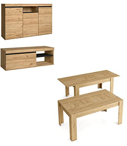 Skraut Home | Ensemble de Meubles modèle Naturale |Table Extensible 140x90x76, Buffet 140x40x80, Meuble TV 120x40x41 | Finition Mélamine Couleur Chêne/Noir