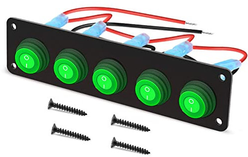 RUNCCI-YUN 12V/24V pannello interruttore,Pulsante Interruttore Rotondo,Impermeabile 5 Gang Pannello interruttori a levetta LED,Pannello Interruttori a Bilanciere per Auto, Barca, Camion (Verde)