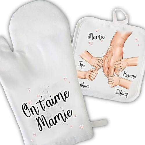 Duo Manique et Gant de Cuisine Personnalisés – Cadeau Mamie ou Papy – Empreintes et Prénoms des Petits-Enfants – Fête des Grands-Parents, Anniversaire, Noël – Expédition 24H