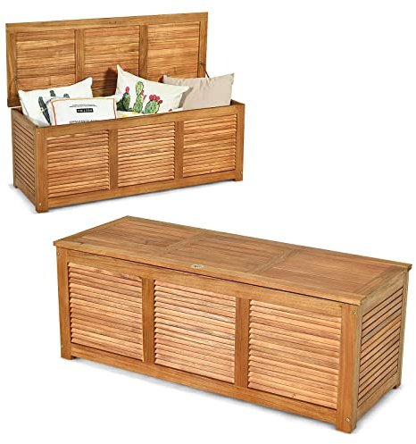GYMAX Coffre de Terrasse en Bois d'Acacia | Boîte de Rangement Intérieur Extérieur pour Jardin, Coussins de Meubles/Patio ou Outils de Jardinage