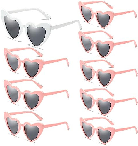 Owlfun 9-pack Heart Sunglasses - Vintage Love Heart Sunglasses for Women, Men & Kids - UV400 Protection - Wedding & Party - 1 White + 8 Pink, 60mm