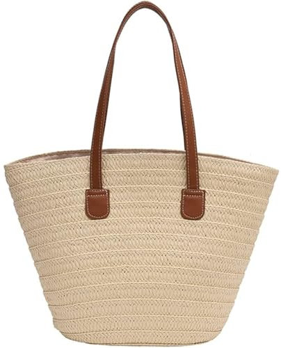 ACMEDE Strohtaschen Damen, Sommer Strandtasche Stroh Groß Geflochten Korbtasche Stroh Handtasche Basttasche mit Reißverschluss und Leder Schultergurt für Strand Reise Einkauf (Beige)