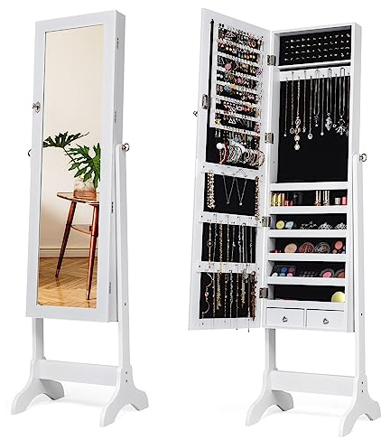 HOMASIS Armario para joyas de pie, Espejo de cuerpo entero con marco, Organizador de maquillaje con cerradura, Joyero 4 esquinas ajustables para anillos, ganchos para collares, 46x37x156cm (Blanco)