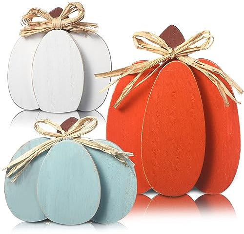 Faccito 3 Stück Herbst Kürbis Dekorationen Tisch Mittelstück Erntedankfest Kürbis Schilder Holzblöcke Set Rustikale Etagere Tablett Deko Herbstdeko für Tisch Kaminsims Bauernhof Küche Erntefest