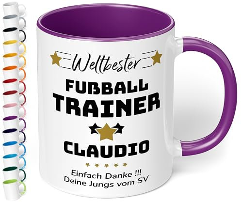 True Statements Geschenk für Trainer: Keramik-Tasse „Weltbester Trainer“ personalisiert mit Sportart, Namen und Wunschtext – Kaffeebecher 330ml. - Fußball Handball (Violett)