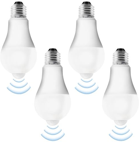 4 Stück LED Glühbirne Mit Bewegungsmelder: E27 Birne Mit PIR Sensor, 12W Kaltes Weiß 6500K, Lichtsensor Energiesparlampe für Flur, Garage, Treppe, Balkon
