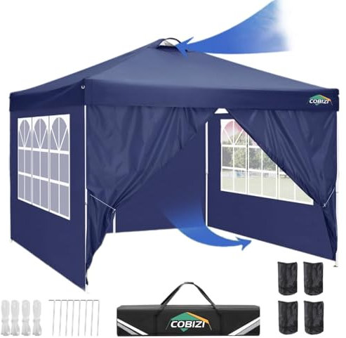 COBIZI Pavillon 3x3, Faltpavillon 3x3 Wasserdicht Stabil Winterfest mit 4 Seitenteilen und 4 Sandsäcke, Pop up Pavillion Klappbar 3x3m Pavillon UV-Schutz 50+ für Camping, Strand, Garden(Dunkelblau)