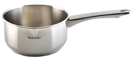 WECOOK! Cazo de Inducción Acero Inoxidable 18/10, Ø 20 cm, cap. 2,7 litros, Base Capsulada Tricapa, Mango Ergonómico Aislante,Escala Medidora, pico vertedor, apto para todas las cocinas