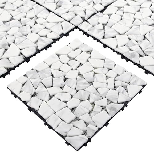 SUNWINGS 4PCS Natural Stone Interlocking Deck Tiles 12x12 Pebble Waterproof Patio Deck, Outdoor Indoor Floor Decking Tiles for Porch Poolside Balcony Backyard, Carrara White