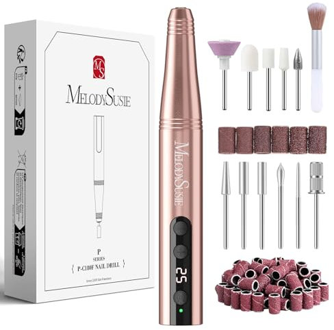 MelodySusie Electric Nail Files 11 in 1 Kit PC180F Cordless Nail Drill for Acrylic Nails 25000RPM Portable Rechargeable Nail Files 25 Speeds Professional Efiles Manicure Pedicure (Gold)