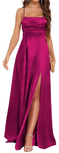 SAYNO Vestidos de dama de honor acampanados para boda con tirantes delgados plisados, vestido de invitada de boda, color fucsia, talla 46