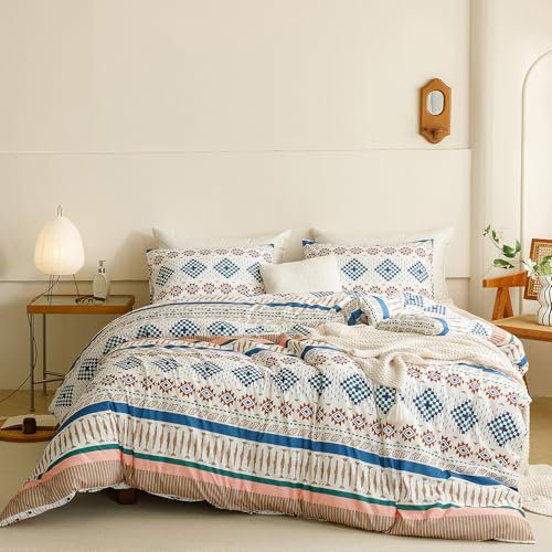 CLOTHKNOW Southwest Azteken-Bettwäsche-Set, 3-teilig, geometrisches Bettwäsche-Set, Bohemian-Stil, Weiß / Blau, amerikanischer Tribal Navajo, Queen-Size-Größe