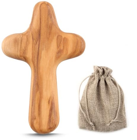 10cm Wooden Cross, Mini Olive Wood Holding Comfort Cross Handcrafted Religious Keepsake Men Women with Portable Woven Linen Sack Christian Faith Symbol Handheld Design Comfortably Fit Kids Adults