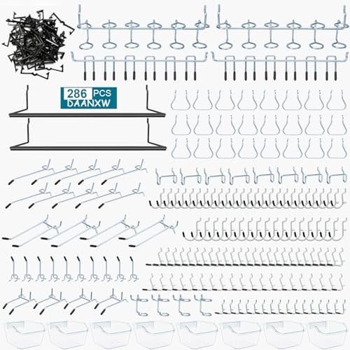 Daanxw 286PCS Pegboard Accessories Organizer Kit, Including pegboard Box Organizing Various Tools, 1/8 and 1/4 inch Pegboard Hooks Assortment for Hanging Storage,Garage Wall (286-Transparent Box)