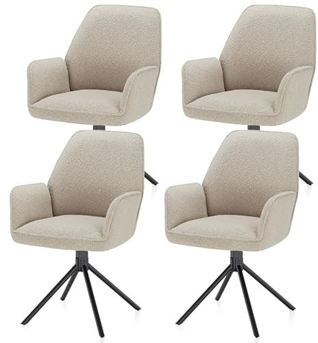 KHG Esszimmerstühle 4er Set, Küchenstuhl mit Armlehnen Bouclé Taupe, Stuhlbeine Metall lackiert, Polsterstuhl, Essstuhl, Stuhl, für Esszimmer Küche Büro