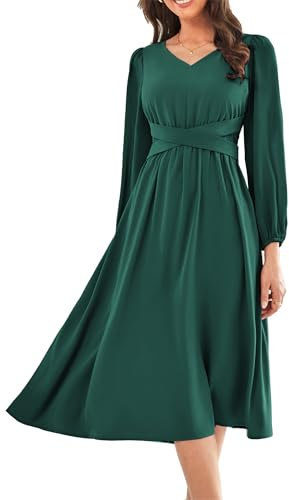 GRACE KARIN Elegant Wedding Guest Chiffon Bridesmaid Dress - Flowy Midi Length Formal Office Attire - Dark Green S