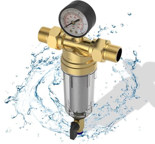 Mechanischer Rückspülfilter,Wasserfilter Wiederverwendbare, Filteroberteil aus Messing,Wasserfilter mit Manometer,Ausspülbarer Feinfilter für Brunnenwasserschlauch Sedimentfilte (3/4)