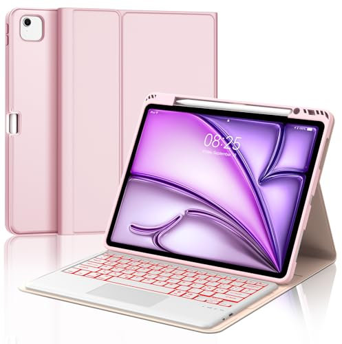 SENGBIRCH Funda Teclado para iPad Air 13 Pulgadas 2025 M3/2024 M2 con Touchpad, Bluetooth Desmontable, Español Ñ Retroiluminación Teclado para iPad Air 13 M3/M2 2025/2024, Rosa