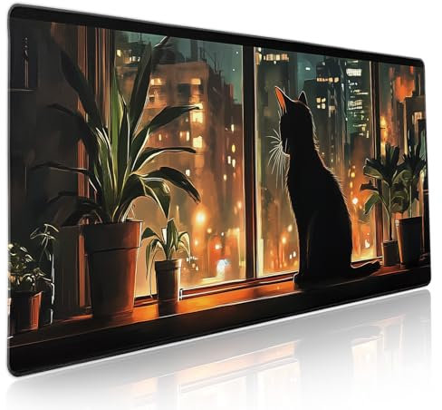 Grand tapis de souris de jeu motif chat noir XXL avec base en caoutchouc antidérapant et bords cousus pour ordinateur portable, 90 x 40 cm