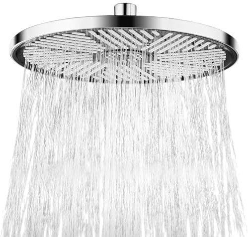 Shower Head High Pressure, 10 Inch Waterfall Shower Head Self-Cleaning Rainfall Shower Head with Swivel Ball, Adjustable Replacement Round Fixed Shower Head with Chrome Finish Universal Fittings
