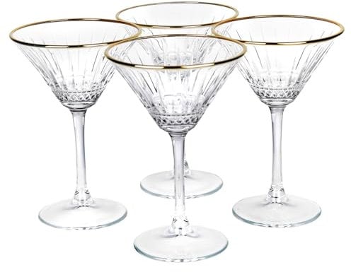 Queensway Home & Dining Long Stemmed Martini Cocktail Glasses, 220ml with Delicate Gold Rim, Elegant Clear Glass for All Occasions, Gift-Boxed, Set of 4