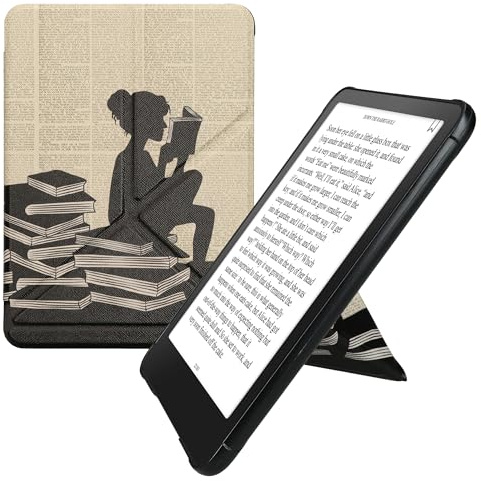 kwmobile Kunstleder Hülle für Amazon Kindle Paperwhite (2024) / Colorsoft - Klapphülle mit Standfunktion, Magnetverschluss und Auto Sleep in Schwarz Beige Lesende Frau