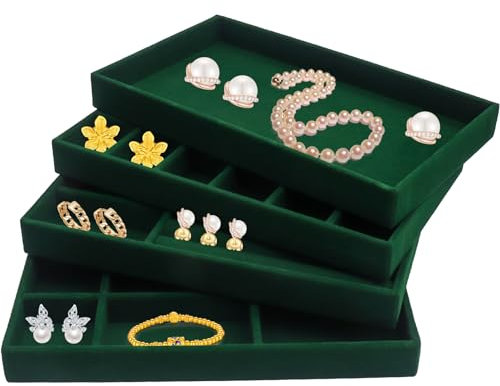 Roellgs Small Jewellery Tray Set,Stackable Velvet Jewellery Organiser Tray,Mini Jewellery Drawer Organiser,Drawer Inserts,8.26 x 4.96x 0.98 Inches,Earring Organiser for Women Girls (green)