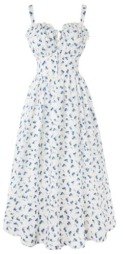 Damen Leicht Chiffonkleid Cottagecore Retro Festlich Sommerkleid Elegant A-Linie Weiß-Blau Blumen Kleid Maxikleid XXL