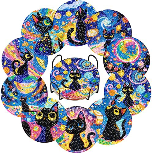 10 Stück Diamond Painting untersetzer with Holder,Katze Diamant Malerei Untersetzer mit Halter,Diamond Painting zum Basteln,für Anfänger,Geburtstagsgeschenk für Erwachsene&Kinder
