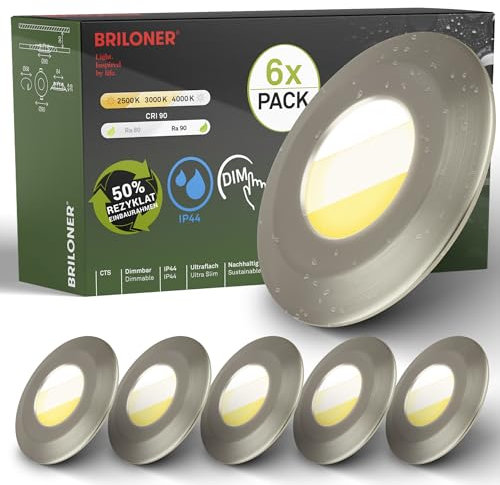 BRILONER - 6er Set LED Bad Einbaustrahler 230V Gehäuse 50% recycelt, Farbtemperaturwechsel, Dimmbar, IP44, Ra90, LED Spot, flach, Decke, Einbauleuchten, Badezimmer, 68mm, 90x30mm (DxH), Matt-Nickel
