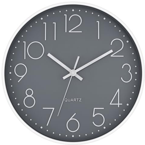 Foxtop Horloge Murale Radio Pilotée Silencieuse Analogique 30 cm sans Tic-Tac pour Cuisine, Salon, Chambre, Salle de Bain, Bureau -Noir/Rose (Gris/Blanc)