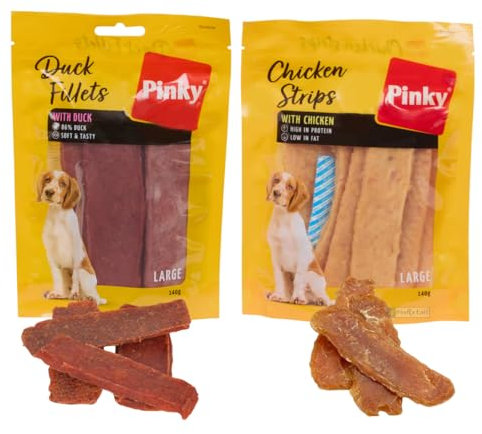 Pinky Packung mit 2 Hundesnacks – Entenfilets und Hühnerstreifen | 2 x 140 g | proteinreich, fettarm | natürliche Leckerlis für Hunde