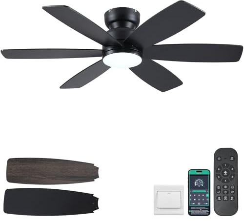 Kviflon 46 Inch Modern Ceiling Fans with Lights Remote/APP Control, Low Profile Ceiling Fan with Light, Flush Mount, 3CCT, 6 Reversible Blades, 6 Speeds, Double Sided for Bedroom Living Room, Black
