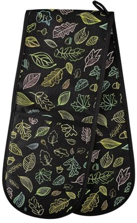 Gants de four double avec motif feuilles dessinées à la main - Résistants à la chaleur - Matelassés - Pour barbecue, pâtisserie, cuisine