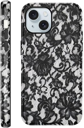 Knrlqim 2 in 1 für iPhone 15 Hülle 6,1, Handyhülle Spitze Aesthetic Muster Motiv, Silikon Stoßfest Weiche Schutzhülle, Zweischichtige Stoßfest Print Cover Case für iPhone15,Lace