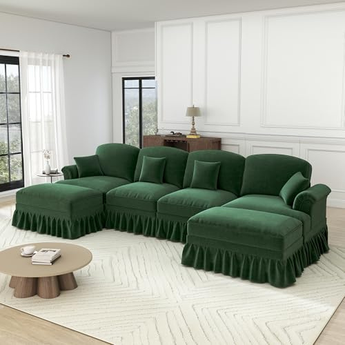 A ALFRESCOOL Wohnlandschaft U Form, Modulares 4 Sitzer Sofa, mit 2 Ottomane, Trichter-Armlehnen, Abnehmbarer Rüschenschürze & Beweglichem Hocker, Chennille-Stoff, 350×140×93cm (Grün)