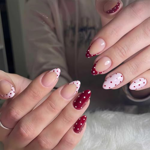 24 Stk Press on Nails Courtes, Ongles Artificiels Rouges à Pois Faux Amande pour Femmes, Filles pour Fêtes, Usage Quotidien, Rendez-vous (Rose Rouge)