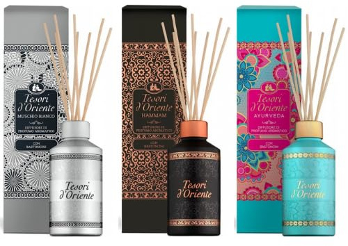 Tesori d’Oriente Raumduft Set 3× (Hammam, Muschio Bianco, Ayurveda) – Aromatischer Reed Diffuser mit Stäbchen – Langanhaltender Duft für Zuhause, Schlafzimmer, Bad & Wohnzimmer Veltao