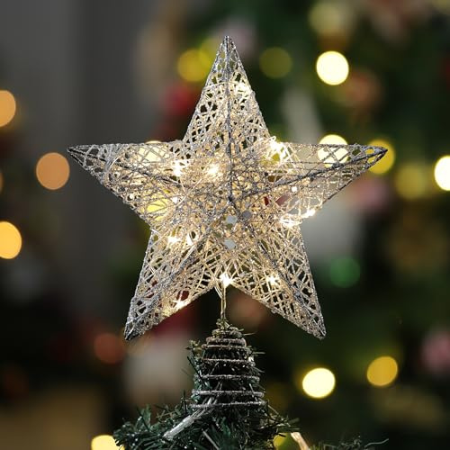 Qivange Christmas Tree Topper Star Silver Christmas Tree Star with 30 LED Lights,Light Up Xmas Tree Topper Silver Stars Christmas Decorations for Home Tree Decor(25cm*28cm)