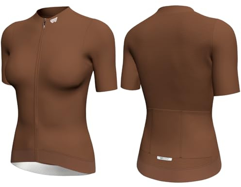 Wulibike Damen Fahrradtrikot Kurzarm-Atmungsaktives Rennradtrikot Damen,Schnelltrocknend & Elastisch,Leichtes Radtrikot mit 3 Rückentaschen,UPF50+ für Gravel,MTB & Pendeln Braun M