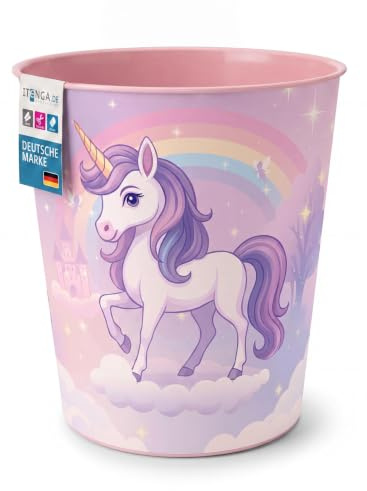 itenga Papierkorb für Kinder mit Motiv - rund ca. 11 Liter - Mülleimer fürs Kinderzimmer - stabiler Kunststoff (EINHORN ZAUBERWOLKE)
