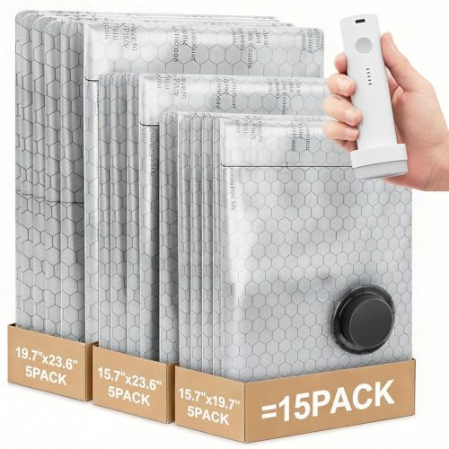 Vacuum Storage Bags for Travel with Wireless Electric Pump, 15 Pack 3-Size Travel Vacuum Bags with Pump Rechargeable, Fast Compression Portable Vacuum Packing Cubes, 80%Luggage Space Saver for Clothes