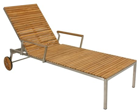 DELUKE Sonnenliege Sofie Verstellbar Silber Teak Edelstahl | Gartenliege mit Rollen Relaxliege Wetterfest
